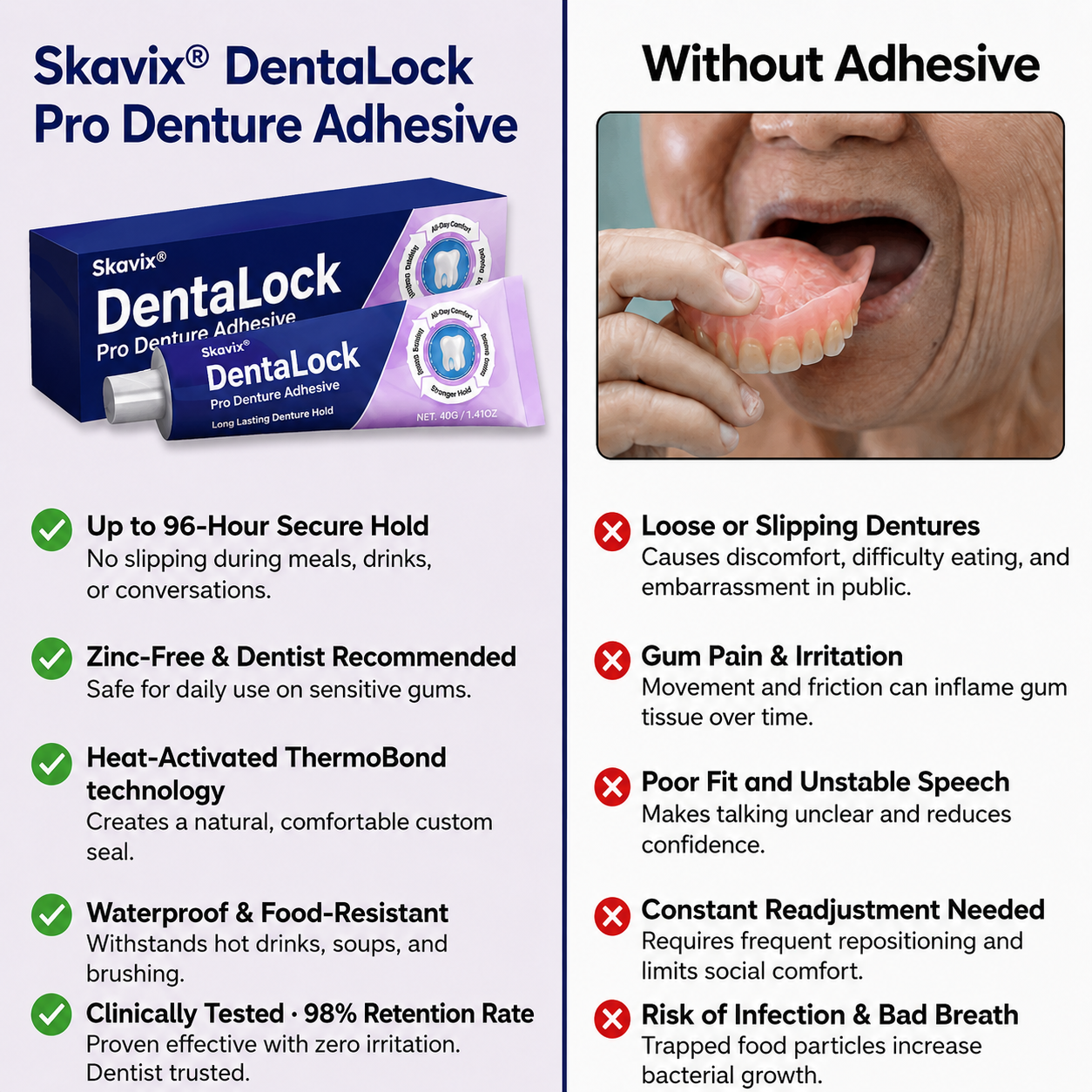 Skavix® DentaLock Pro Denture Adhesive🦷💜 (Clinically Proven 96- Hour Lock Hold for Secure, Comfortable & Zinc-Free Denture Fit)