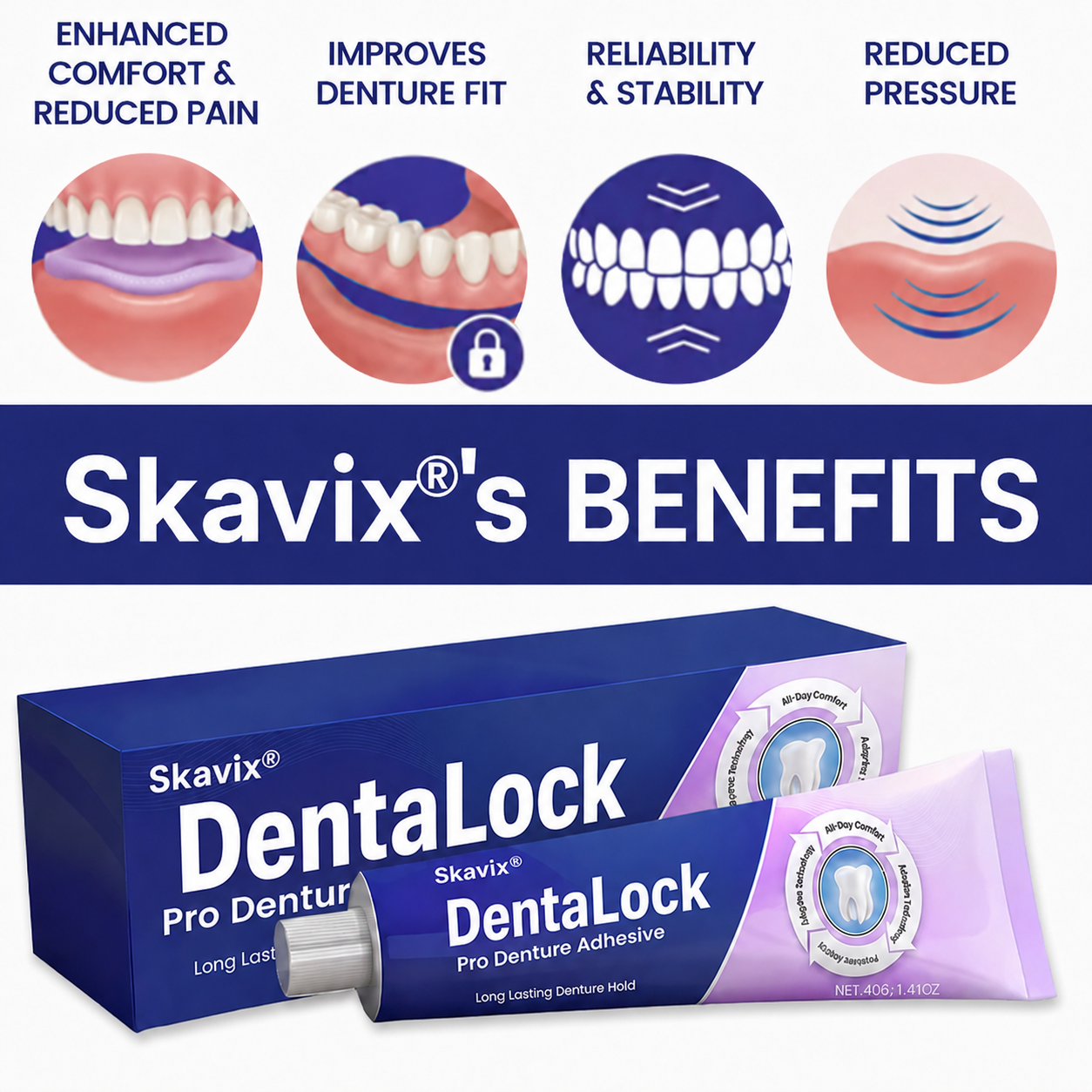 Skavix® DentaLock Pro Denture Adhesive🦷💜 (Clinically Proven 96-   Hour Lock Hold for   Secure, Comfortable &   Zinc-Free Denture Fit)