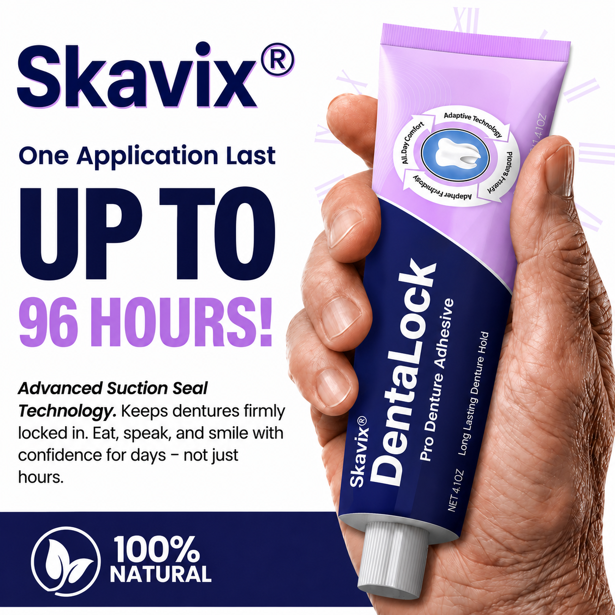 Skavix® DentaLock Pro Denture Adhesive🦷💜 (Clinically Proven 96-   Hour Lock Hold for   Secure, Comfortable &   Zinc-Free Denture Fit)